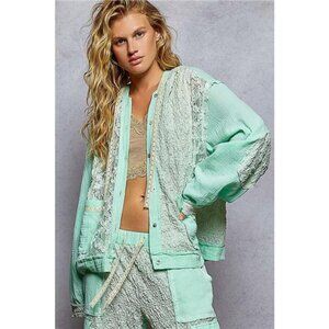 POL Exposed Seam Button Down Hooded Jacket with‎ Lace Detail